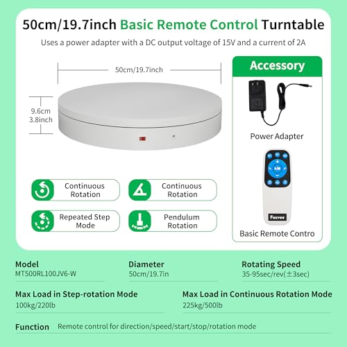Remote-Controlled Motorized Electric Turntable,Heavy Duty Rotating Display Stand,Speed-Adjustable Rotating Platform,Multi-Mode Photography Turntable for 3D Scan,Photography(19.7in/White) - size: 19.7inch/White/500Lbs Load