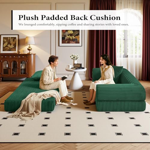 Boneless Couch Versatile Couches for Living Room No-Install Sofa Bed Corduroy Futon Soft Cloud Couch with Pillows for Bedroom Game Movie (Green, 76") - color: Green