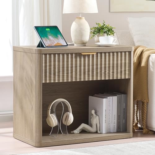 LEYAOYAO 31" Wide Fluted Nightstand with Charging Station, Oversized Extra Large 1 Drawer Night Stand with Golden Handle, Grey Wood Bedside Table Tall End Tables,for Bedroom, Living Room, Hallway - color: Grey, size: 1 Drawers