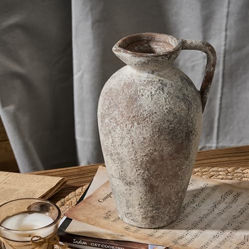LUKA Ceramic Rustic Farmhouse Vase,9.25 inch Terracotta Vase with Handle,Neutral Tall Clay Vases Decorative Vases for Living Room,Table,Shelf Decor(Brown,L) - color: Brown, size: 9 inch (H)