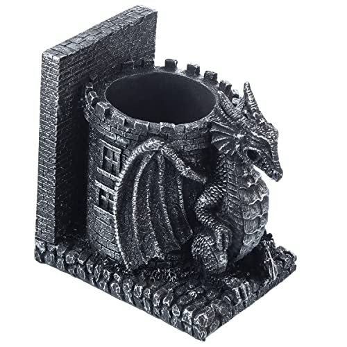 Bookends Dragon, Gothic Black Resin Dragon Guarding Castle Pencil Cup Bookends, Office Desk Book Ends with Decorative Fantasy Dragons and Stone Tower Pen Holders, 1 Pair - color: Black