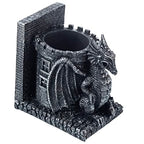 Bookends Dragon, Gothic Black Resin Dragon Guarding Castle Pencil Cup Bookends, Office Desk Book Ends with Decorative Fantasy Dragons and Stone Tower Pen Holders, 1 Pair - color: Black