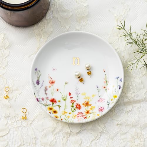 Crisky Initial Jewelry Tray Ring Dish & Gift Box, Ceramic Flower Trinket Dish for Rings Earrings Necklaces Keys, Bridal Shower Engagement Birthday Gift for Women, Friends 4.57" (Gold Foil N - style: Initial N