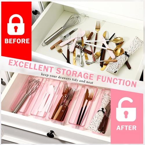Maitys 12 Pcs Clear Drawer Organizer 9 x 3 x 2 Inches Plastic Rectangle Trays Makeup Vanity Storage Bins and Kitchen Drawers Dividers for Office Desk Silverware Kitchen Utensils(Pink) - color: Pink, size: 9 x 3 x 2 Inches