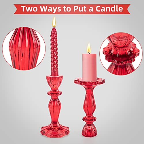 Glass Candle Holders, 2PCS Wide Base Candlestick Holder Decorative Candle Stand Table Centerpieces for Wedding Birthday Halloween Christmas Party, Red - color: Red
