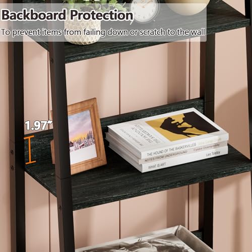 Furologee Ladder Shelf, Ladder Bookshelf with Drawer, Industrial 5 Tier Book Shelf, Display Open Bookcase Storage Shelves for Books, CDs, Photos, Black Shelving Unit for Home Office, Living Room - color: Black N, size: 5-Tier, 15" W