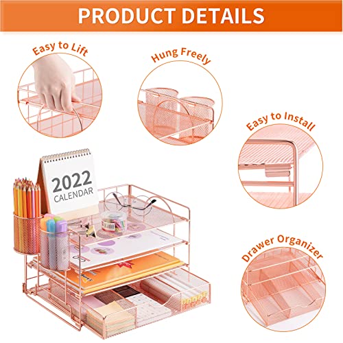 Lavatino 4-Tier Desk Paper Letter Tray Organizer for Desk Accessories & Workspace Organizers with Drawer and 2 Pen Holder for Home, School, Office Supplies Storage (Rose Gold) - color: 4 Tier - Rose Gold