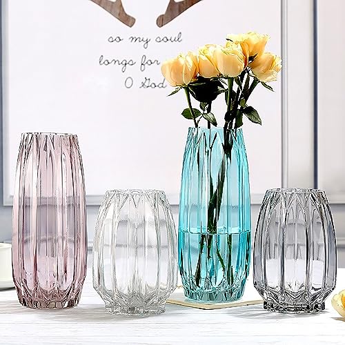 Lucky Bird Purple Pink Ribbed Glass Vase for Flowers and Candles - Modern Centerpiece (H12.0 inch) - color: Pink, size: H-11.8inch
