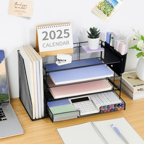 OPNICE Desk Organizer, 4-Tier Desktop File Organizer with Drawer and 2 Pen Holders, Office Desk Accessories, File Sorters, Workspace Organizers for Office Supplies(Black) - color: Black, size: 4-Tier