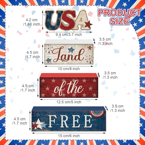 CroBlissful 4 Pcs 4th of July Decorations Patriotic Memorial Day Tabletop Decorations Red White Blue Table Centerpieces Sign for Office Tiered Tray Home Shelf 250th Anniversary(Independence Day Usa) - style: Independence Day Usa