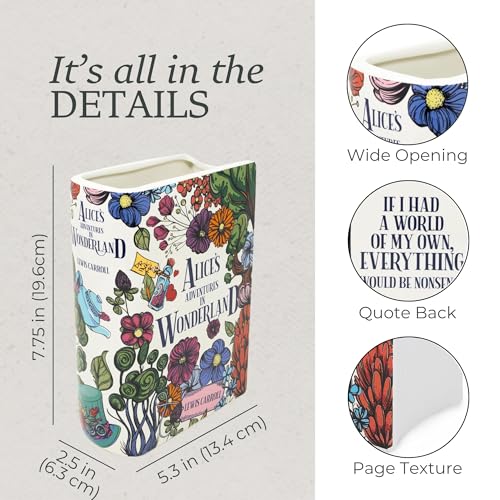 Steel Mill & Co Original Large Book-Shaped Decorative Vase, Ceramic Vases for Home Decor, Cute Bookshelf Decor, Unique Vase for Book Lovers, Alice's Adventures in Wonderland - Floral Nonsense