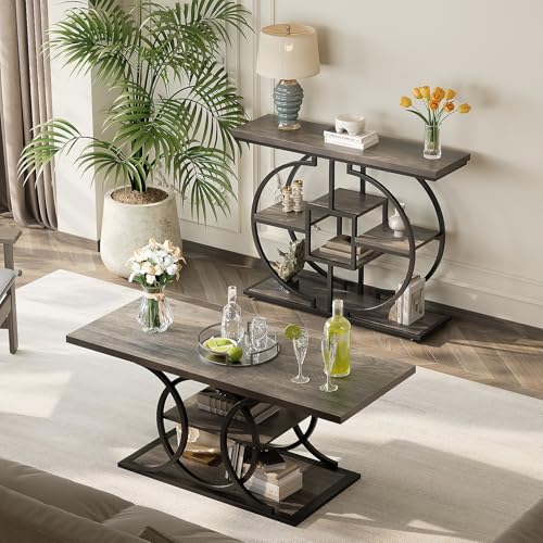 GiftGo Narrow Console Table for Entryway Industrial 4-Tier Sofa Table Behind Couch with Circle Base Rustic Wooden Accent Tables with Storage Shelves for Living Room, Hallway, Foyer (Grey) - color: Grey