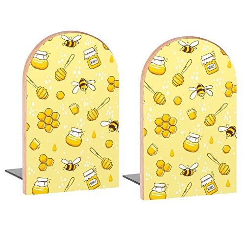 Cute Bees and Honey Book Ends Decorative Wood Bookends for Shelves Kids Room Desk Home Office Book Stoppers for Magazines,Books, DVDs, 1 Pair/2 Pieces(5x3.1 in) - color: Bees and Honey