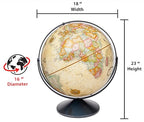 Replogle Eureka 16 inch desktop globe with up to date antique raised relief map and full swing gyromatic assembly. The beautiful antique ocean product has vast amounts of up-to-date information will pique the interest of any geographical connoisseur of al