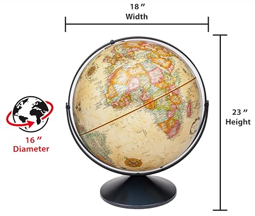 Replogle Eureka 16 inch desktop globe with up to date antique raised relief map and full swing gyromatic assembly. The beautiful antique ocean product has vast amounts of up-to-date information will pique the interest of any geographical connoisseur of al