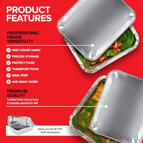 9x13 Disposable Baking Pan Covers (25 Pack) Heavy-Duty Aluminum Cake Pans Lids, Sturdy, Sealable Covers for Food Containers, Leak-Free + Safe Transport & Storage For Catering, Stock Your Home - size: 25 Lids