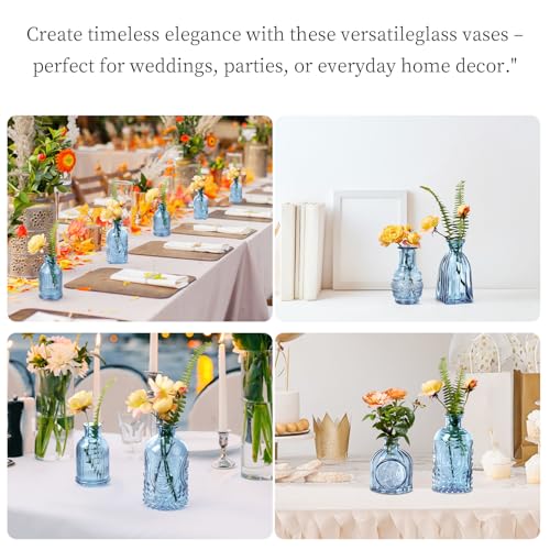 Glass Bud Vases Set of 16 - Blue Assorted Small Mini Glass Vases for Flowers, Crystal Vintage Vase Set, Bulk Centerpieces for Table Décor, Wedding, Home and Events (Blue, 16 Pcs) - color: Blue, size: 16 Pcs