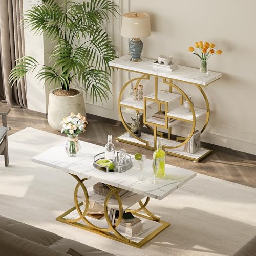 GiftGo Narrow Console Table for Entryway Industrial 4-Tier Sofa Table Behind Couch with Circle Base Rustic Wooden Accent Tables with Storage Shelves for Living Room, Hallway, Foyer (Gold and White) - color: Gold and White