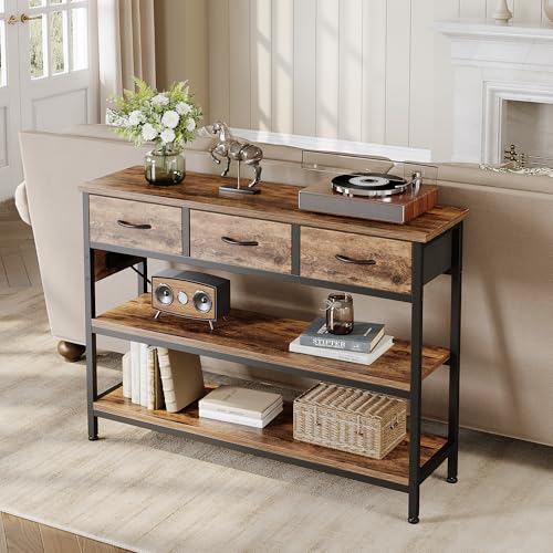 Lulive 2 Pack Entryway Tables with Power Outlets, Console Table with 3 Fabric Drawers, Sofa Table for Living Room, Hallway, Couch, Foyer, Height Adjustable - color: Rustic Brown, size: 2-Pack 43 inches