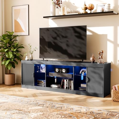 LGHM 70'' Black TV Stand with Lighting, Stylish Modern Entertainment Center with Slip Doors for TVs Up to 80”, Media Console for Living Room - size: 22''H TV Stand