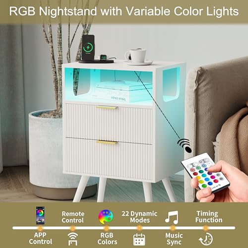 JOONEE White Nightstand with Charging Station and LED Lights,Modern Bedside Table with 2 Storage Drawer and Open Wood Shelf, for Bedroom and Small Spaces,Night Stand with Solid Wood Legs,White - color: White