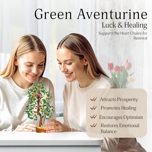 YATSKIA Green Aventurine Gemstone Tree Natural Stone Feng Shui Wire Bonsai Seven Chakra Jewelry Trees of Life Necklace Good Luck Handmade Prosperity Success Stones Gift Home Office Desk Shelves Décor - color: Green Aventurine (Golden Wire)