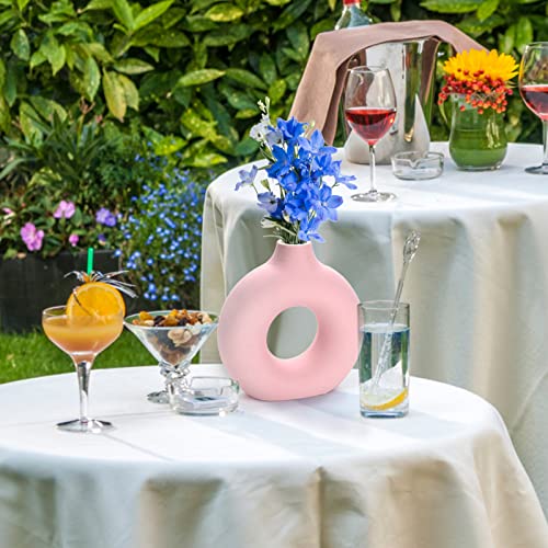 Donut Vase|Circle Hollow Vase|Modern Matte Ceramic Vase for Entryway Living Room Bedroom Dining Table Centerpiece Office Home Decor (Pink-7.5")