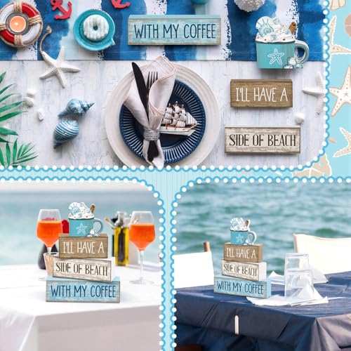 Lineshading 4 Pcs Summer Table Decorations Beach Coffee Bar Wooden Block Sign Blue Rustic Coastal Tiered Tray Decor with Coffee Cup Summer Centerpieces Decor for Beach Nautical Party Office Home - style: Beach