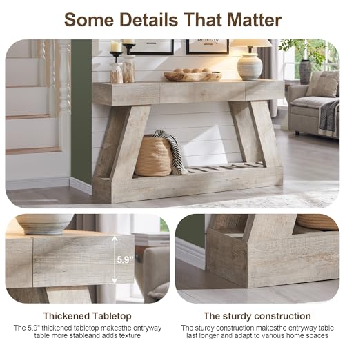 60" Farmhouse Entryway Table with Drawer, Wooden Hallway Foyer Table with Heavy Duty Base(Light Rustic Oak) - color: Light Rustic Oak