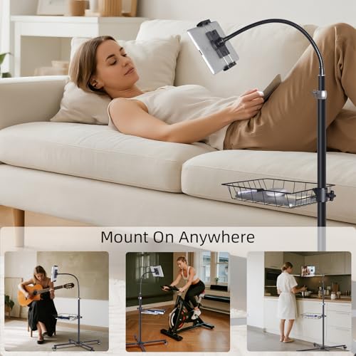 Premium Rolling Tablet Floor Stand with Heavy Duty Industrial Wheels & Storage Basket, Tall Adjustable iPad Stand Floor on Wheels, Universal Mount Holder for iPad Pro, Air, Mini, Phone