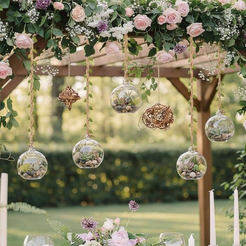 GlikCeil 13 Pcs 3.15'' Hanging Glass Candle Holder with Burlap Leaf Ribbon, Glass Orbs Air Plants Tea Light Candle Holders, Globe Plant Terrariums for Decor Indoor Outdoor Garden DIY (Clear) - color: Clear