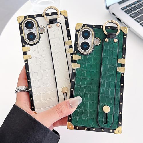 Compatible with iPhone 17 Case Luxury Designer for Women Girls,Rectangle Crocodile Leather with Wristband Strap Stand Holder Protective Phone Cover for iPhone 17-6.3 inch (White) - color: White, size: For iPhone 17