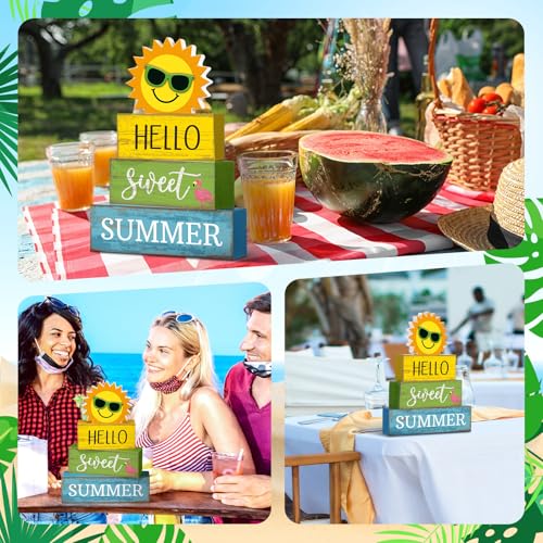 Yuntau 4 Pcs Summer Table Decoration Hello Sweet Summer Tiered Tray Decor Rustic Wood Flamingo Centerpiece Summertime Decorative Block Signs Farmhouse Tabletop Decor for Home Kitchen Shelf Office - style: Sunshine