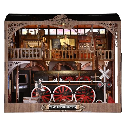 TOYQI Book Nook Kit, Book Nook Kits for Adults, DIY Miniature Dollhouse Kit 3D Wooden Puzzle Booknook Bookend with LED Light - style: Train Repair Station