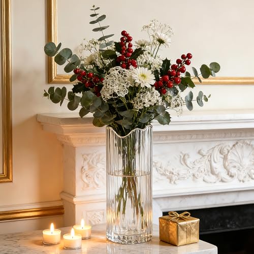 9 inch Tall Ribbed Clear Glass Vase,Flower Vase for Bouquet,Modern Glass Cylinder Vases for Flowers,Decorative Flower Vases for Centerpieces,Living Room,Bathroom,Dining Table,Wedding,Housewarming Gift