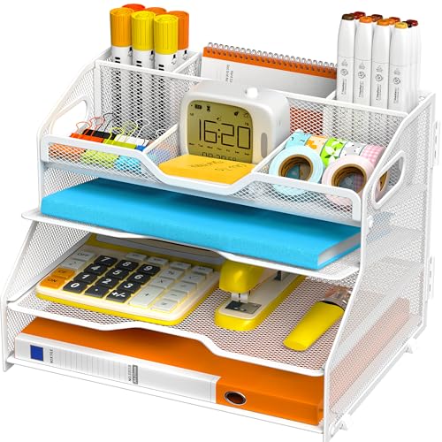 4 Tier Desk Orgnizers and Accessories, Metal Magazine File Holder with Pencil Holder and Handles, Space Saving Desktop Storage for School Office Supplies(White) - color: White