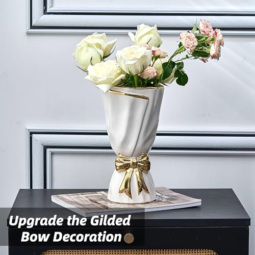 White and Gold Vase, Bow Vase for Home Decor, White Flower Vases for Boho Style, 9.65 Inch Large Vases for Ideal Table Decor, Ceramic Bouquet. （Glazed Exterior and Interior） (White, Large) - color: White and Gold
