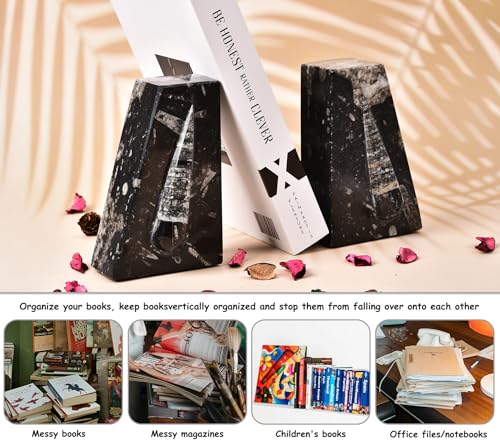 AMOYSTONE 1Pair Heavy Duty Bookend Crystal Quartz Bookends 6-8 LBS Natural Orthoceras Fossil Bookshelf Trapezoid Height 6.2" - color: Black & White B, size: 6-8 Lbs