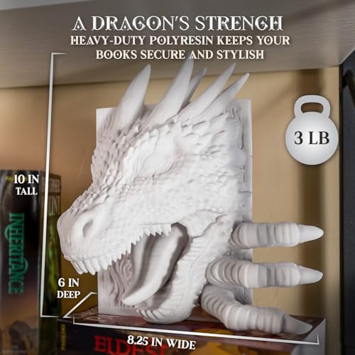 Dragon Bookend | Pops Off Your Shelf | Paintable Solid Build | Use Between Books or on a Bookshelf End or Book Nook | Fantasy Dragon Decor | Medieval Shelves Booknook Bookends (Unpainted Bone White) - color: Unpainted Bone White