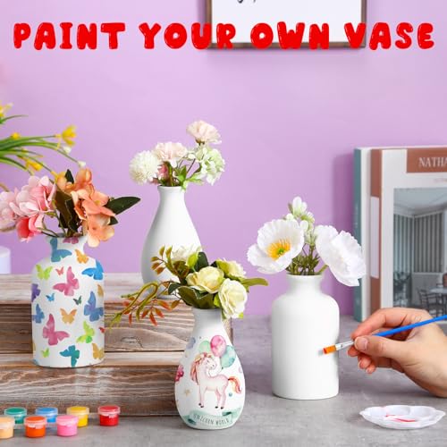 Singhoow 4 Set Mother's Day Paint Your Own Porcelain Paint Vase Art Project White Ceramic Painting Kit for Adults Porcelain Vase Decorating Kit Holiday Supplies DIY(Charming) - color: white