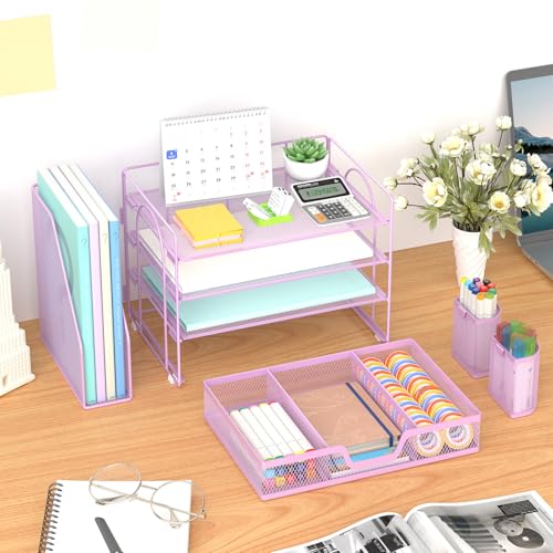Marbrasse Desk Organizer and Accessories，4-Tier Paper Letter Tray Organizer with File Holder, Workspace Desk Organizers Accessories with Drawer and 2 Pen Holder (Purple, 15.4" x 9.1" x 8.3") - color: Purple