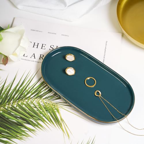 Ceramic Jewelry Dish, Perfume Vanity Tray, 7x4 Decorative Catch All Bowl for Trinket Key Ring, Small Bathroom Counter Tray, Soap Tray for Kitchen Sink (Green) - color: Green