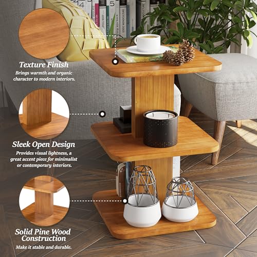 COZAYH Modern Minimalist Wood End Table with 3 Open Shelves, Farmhouse Plant Stand, Small Bookshelf for Living Room, Bedroom