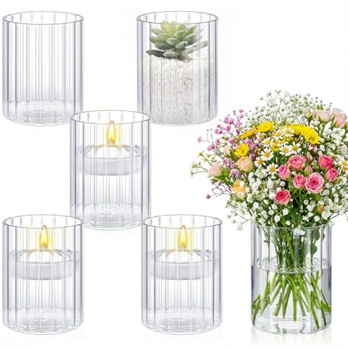 6 Pcs 4 Inch Tall Glass Ribbed Cylinder Vases Clear Floating Candle Flower Vase in Bulk, Hurricane Candle Holder for Wedding Housewarming Gift Table Centerpieces - color: Clear, size: 4 Inch