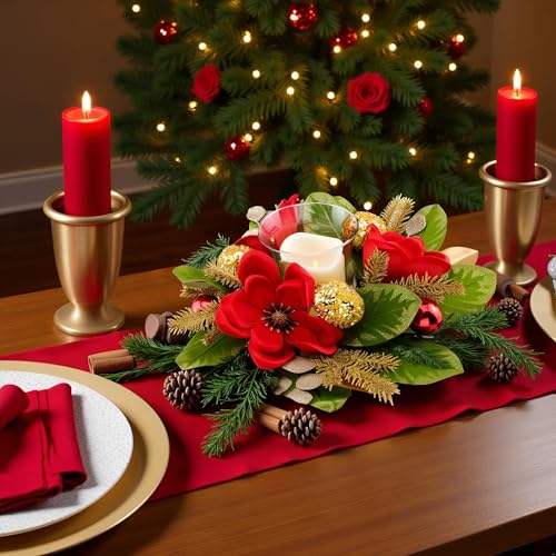 18" Centerpiece with Flameless LED Candle Holder, Design with Red Artificial Magnolia, Gold Baubles & Spruce Branches for Holiday Decor (Red) - color: Red
