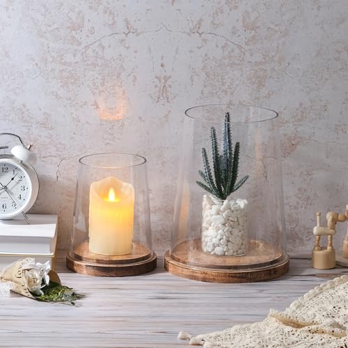 Set of 2 Glass Hurricane Candle Holders with Handmade Sturdy Glass Sleeves and Vintage Natural Wood Base for Pillar Candle & Plants, Industrial, Farmhouse, Display Cloche Bell Jars, Table Centerpiece - color: Vintage Natural, size: Set of 2