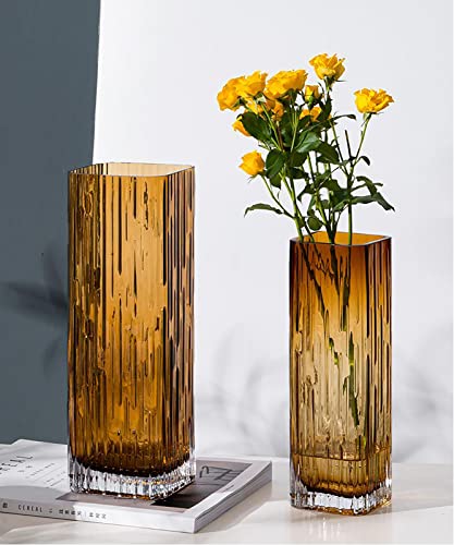 Modern Minimalist Glass Square vase, Crystal Glass vase, vase, Dry vase (Amber) - color: Amber