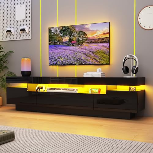 Uspeedy 70IN White TV Stand for 75/80 inch TV,Modern LED TV Stand for Living Room,High Gloss Entertainment Center with Storage Drawer,APP RGB Light,TV Console,Television Stands(Black) - color: Black