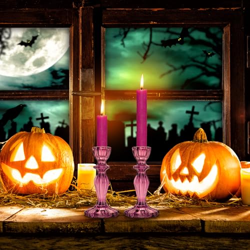 Glass Candle Holders, 2PCS Wide Base Candlestick Holder Decorative Candle Stand Table Centerpieces for Halloween Christmas Wedding Birthday Party, Dark Purple - color: Dark Purple