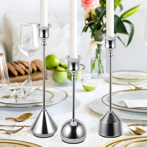 Elegant Vintage Silver Candlestick Holders, Set of 3 Taper Candle Holders with Weighted Base for Wedding, Dining Table, Holiday Decor - color: Silver
